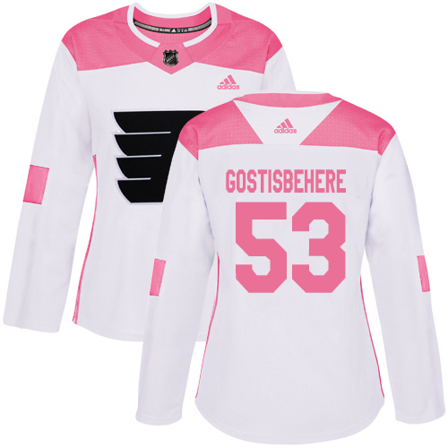 Adidas Flyers #53 Shayne Gostisbehere White/Pink Authentic Fashion Women's Stitched NHL Jersey - Click Image to Close